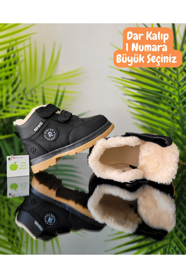 elma bebe İçi Yünlü Kürklü Kız Erkek Unisex Bebek Çocuk Yağmur Kar Kışlık Cırt Cırtlı Bot Ayakkabı