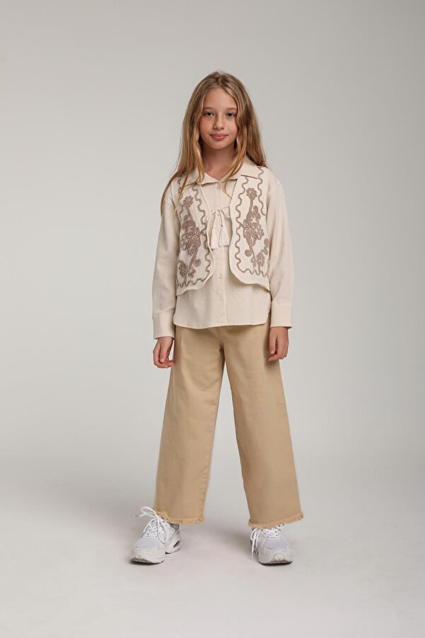 Escabel İşlemeli Kız Yelek - Vizon