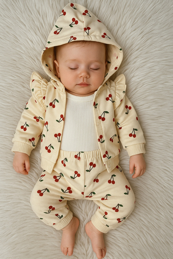 Linda Harris Cherry Pattern Krem Kapüşonlu Bodyli 3’lü Yenidoğan Kız Bebek Takımı