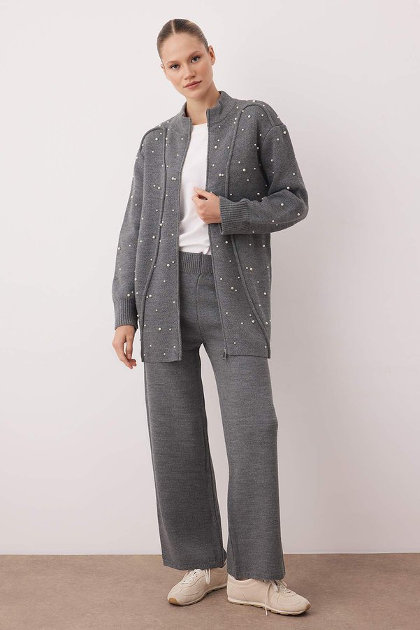 Trendyol Modest Anthracite Pearl Detailed Knit Top and Bottom Set TCTAW26US00029