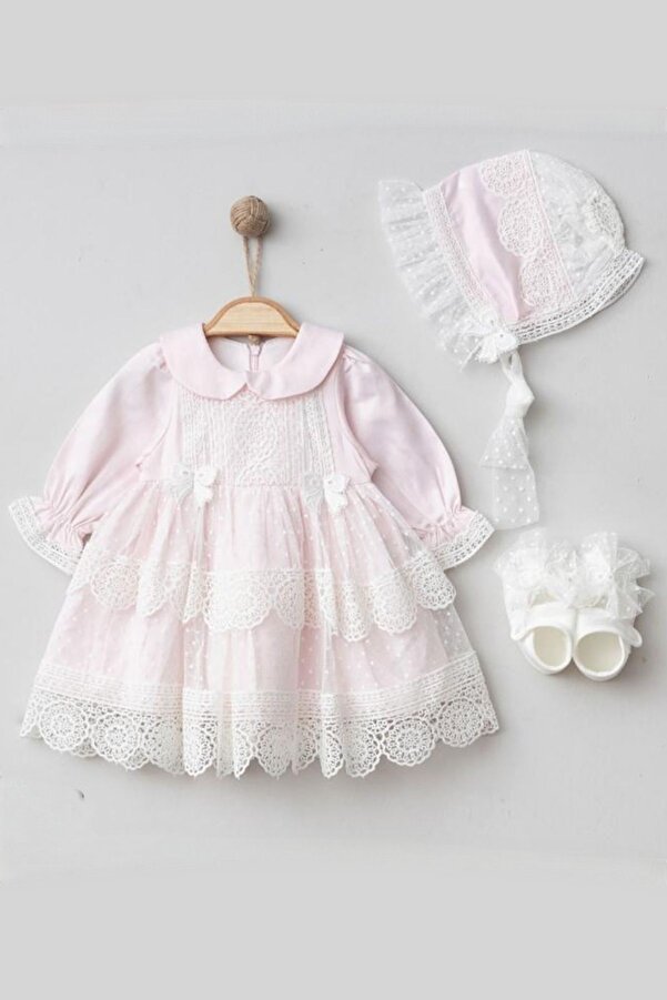 Cherub Baby Sare Model  Kız Bebek Dantelli Elbise Yenidoğan Lüx Elbise Seti - Hastane Çıkışı Ve Mevlütlük Takım