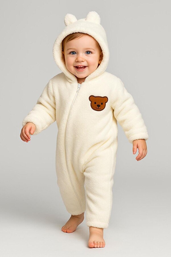 nevrankids Bebek Peluş Tulum Çapraz Fermuarlı Ayıcık Figürlü Kapüşonlu Tulum - Ekru