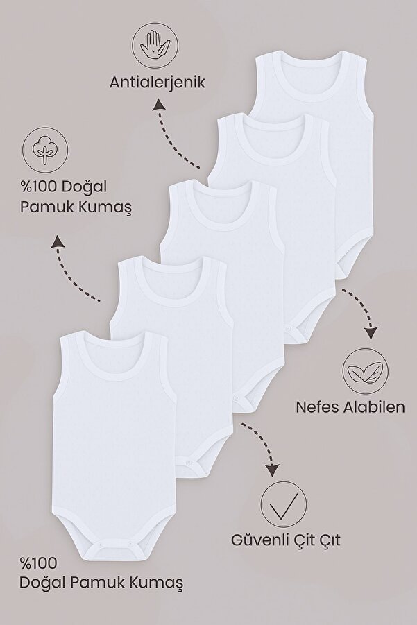 vitmo 5'li Zıbın Bebek Askılı Çıtçıtlı Body %100 Pamuk