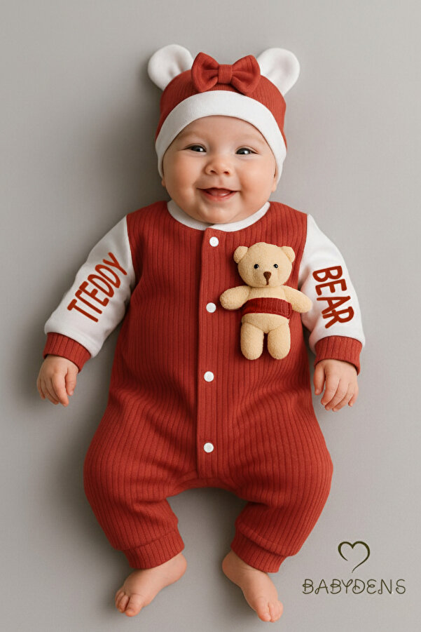 BABYDEN'S Teddy Bear Temalı Yenidoğan Fitilli Tulum Takımı Ayıcıklı Kız Bebek Tulum Şapka Set %100 Pamuk