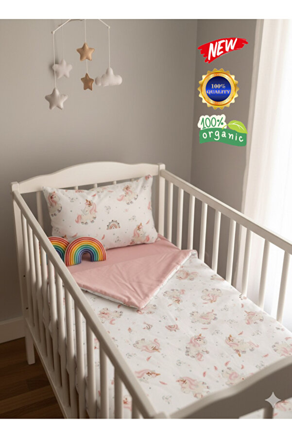 zera collection 4 Parça 100% Organik pamuk Unicorn Bebek Yorgan Nevresim Takımı bebek seti (Unisex) 3 FARKLI RENK
