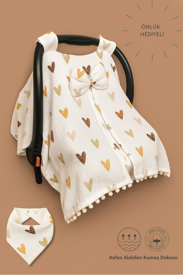 nelcollection Müslin Puset Örtüsü ve Anakucağı Minderi, 2'li Set, Önlük Hediyeli, %100 Pamuk Kumaş, Kalp Desenli