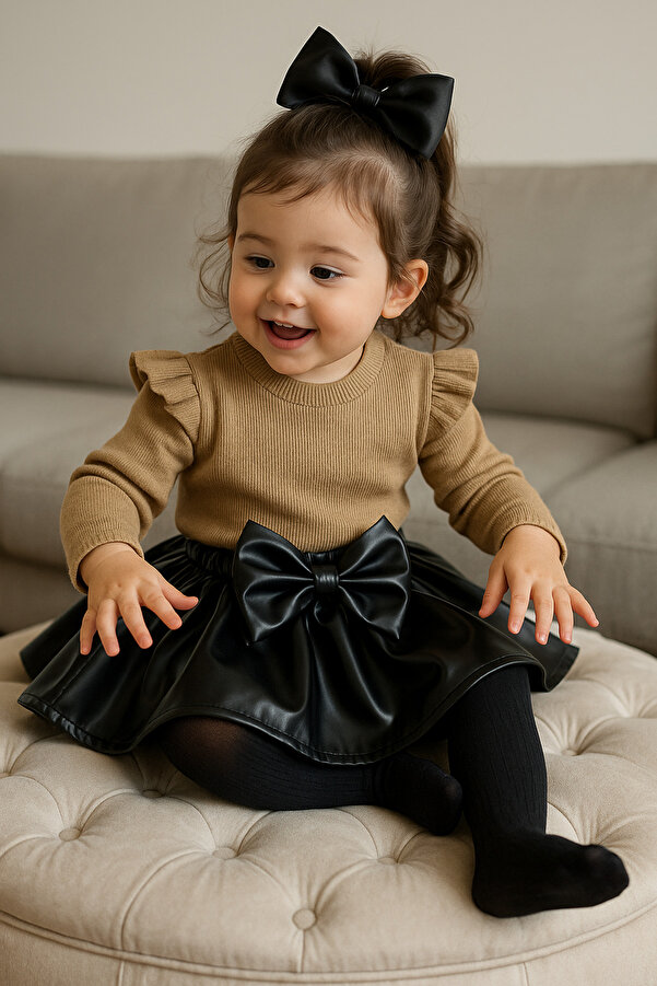 özge başaran Kız Bebek ve Kız Çocuk İçin Deri Etek Omuz Fırfırlı Sütlükahve Badi Siyah fiyonklu Çorap Seti