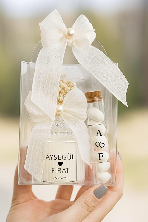 Home Kişiye Özel Mini Çantada Mum & Badem Şeker Davet, Nikah, Nişan, Kına, Doğum Hediyeliği (5 Adet)