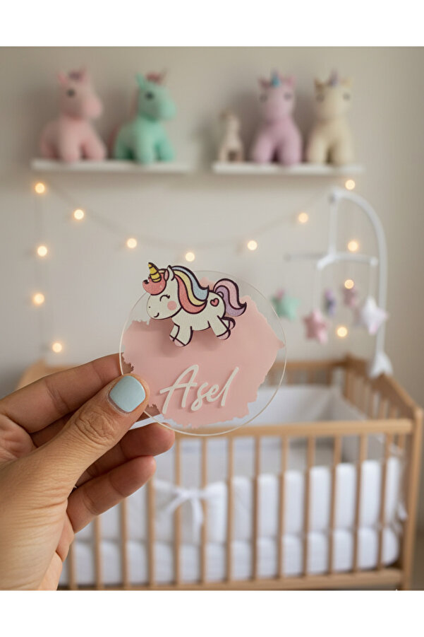 LABİREND PRODUCTS 10'lu paket Şeffaf unicorn Figürlü Bebek Magnet Kartlı ve Jelatinli İsme Özel Hatıra