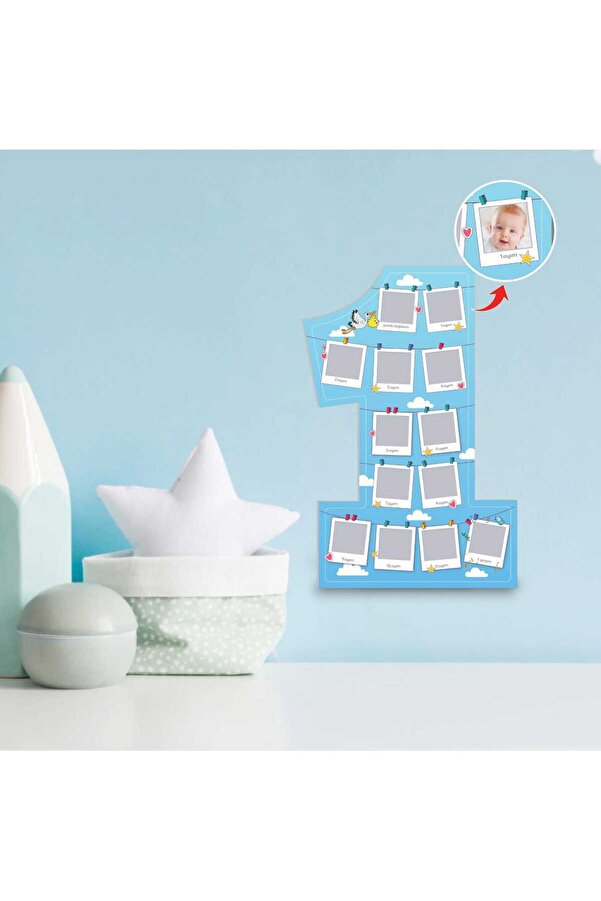 AYKUT OFSET 1 Yaş Hatıra Çerçevesi, İlk 12 Aylık Duvar Albümü,1 Yaş Anı Tablosu Erkek Bebek