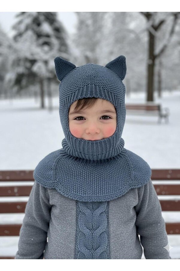 meriç bebe - bütün çocuklar melektir. mrc Kedi Kulaklı Kışlık Balaklava Triko Boyunluklu Bebek Çocuk Şapka Bere Kar Maskesi