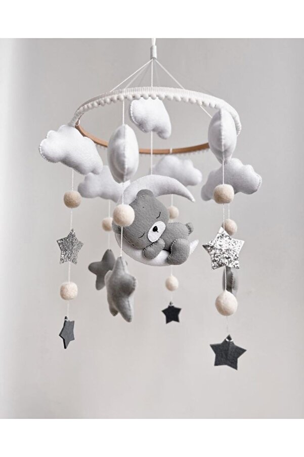 beberinos Müzikli Gri Ayıcık Bebek / Çocuk %100 El İşçiliği Bebek Odası Beşik Süsü Dönence