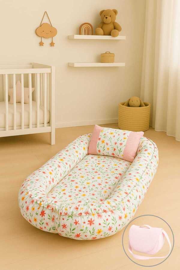 JULYA KİDS Çok Amaçlı Baby Nest Pamuk Ve Pike Kumaş Desenli Çantali Bebek Çantası Taşınabilir Anne Yanı Yatğı