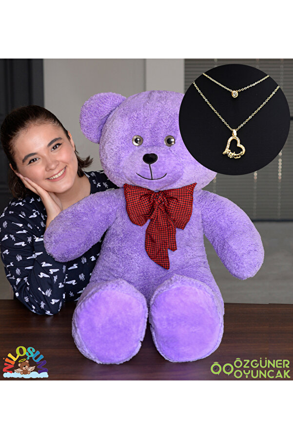 NİLOŞUM Özgüneroyuncak Sevgiliye Hediye Seti – 90 cm Peluş Ayıcık & 24 Ayar Altın Kaplama Kolye