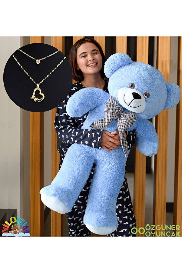 NİLOŞUM Özgüneroyuncak Sevgiliye Hediye Seti – 90 cm Peluş Ayıcık & 24 Ayar Altın Kaplama Kolye