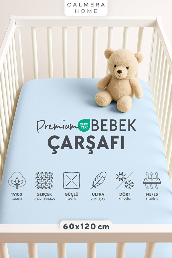 Calmera %100 Pamuk Penye Lastikli Bebek Çarşafı | 60 x 120 cm | Park Yatak - Beşik | Mavi