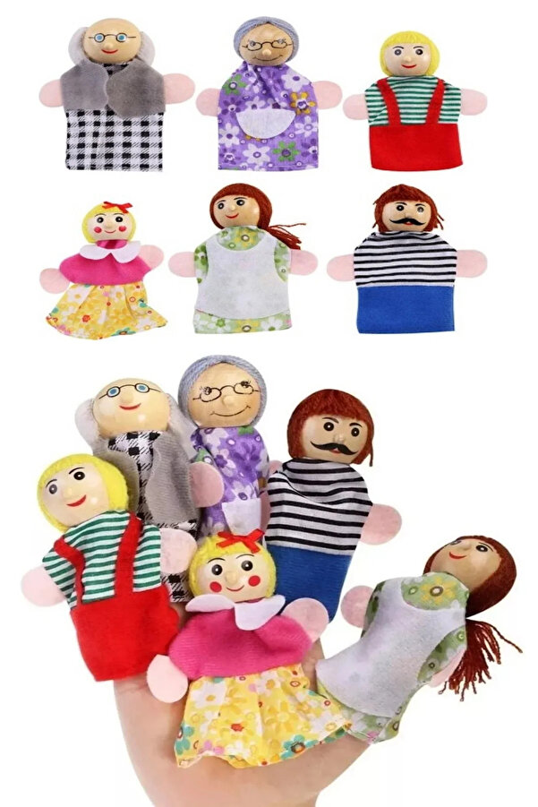 A&A Store Ahşap Parmak Kukla Sevimli Aile Seti 6'lı Oyuncak Montessori Oyun Ev Figürleri