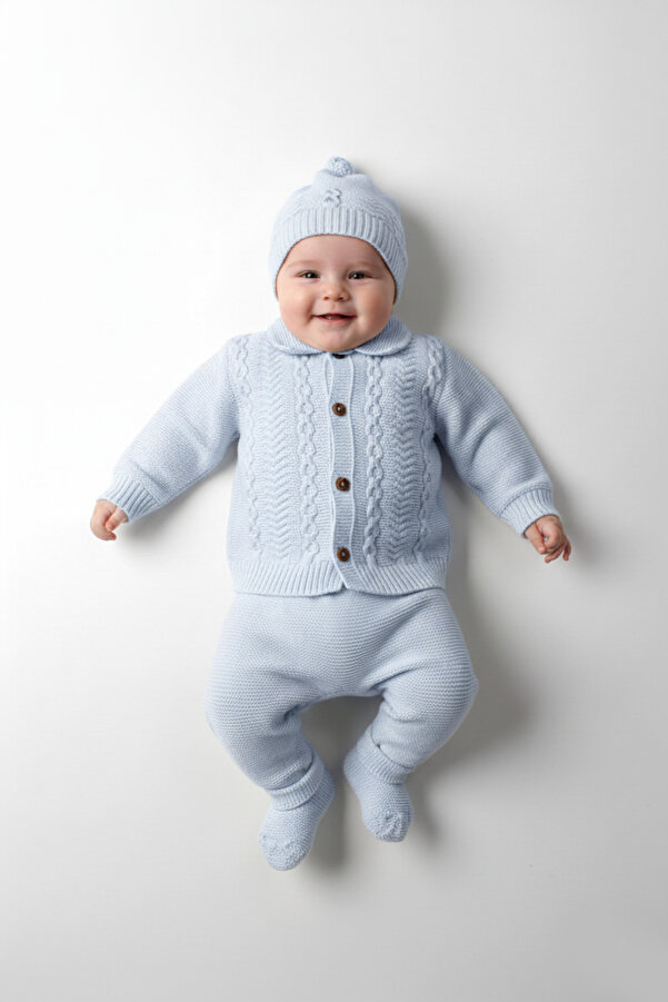 Çocuksan Baby&Kids Wear Mavi Unisex Bebek Zincir Örgülü Bebek Triko Takım