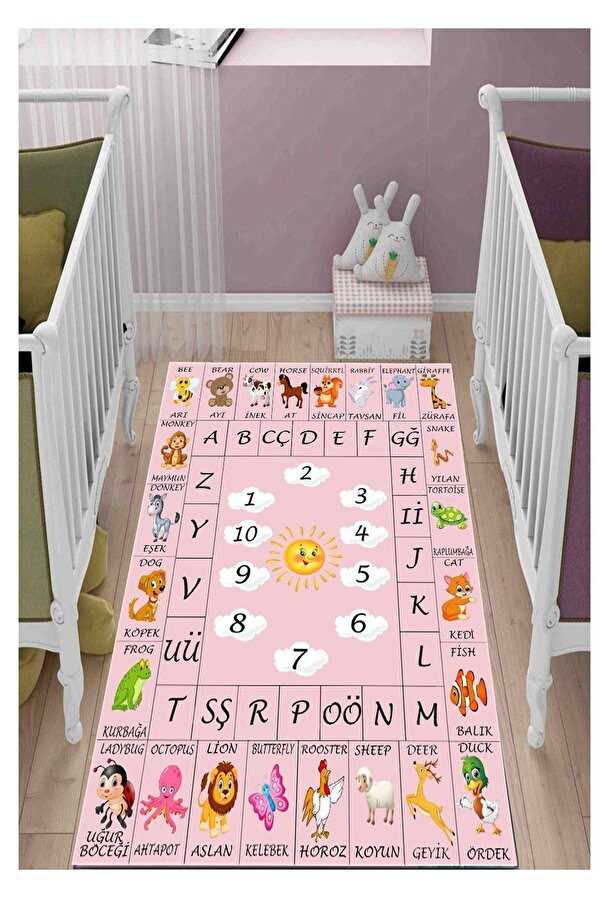 STY Home Öğretici Ingilizce Çocuk Oyun Halısı Kaymaz Makinede Yıkanabilir Eğitici Bebek Ve Çocuk Odası Pembe