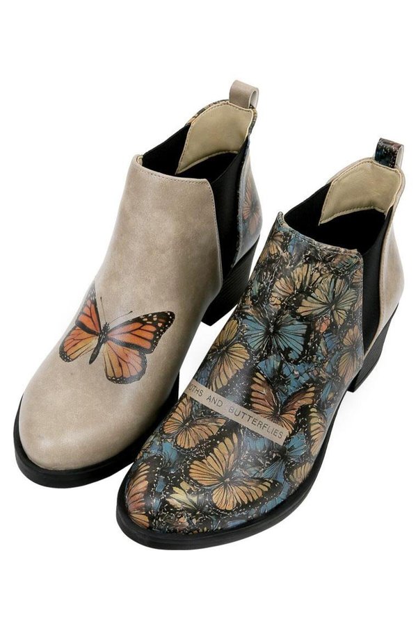Dogo Women's Vegan Leather Beige Ankle Boots - Moths and Butterflies Design