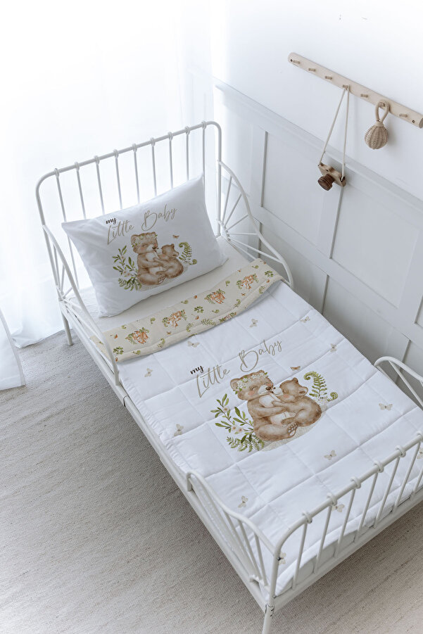 Tuğba Kuğu Organik Baskılı Bebek (100x150) Yorgan Seti - For Baby Serisi - Mom and Baby Bear