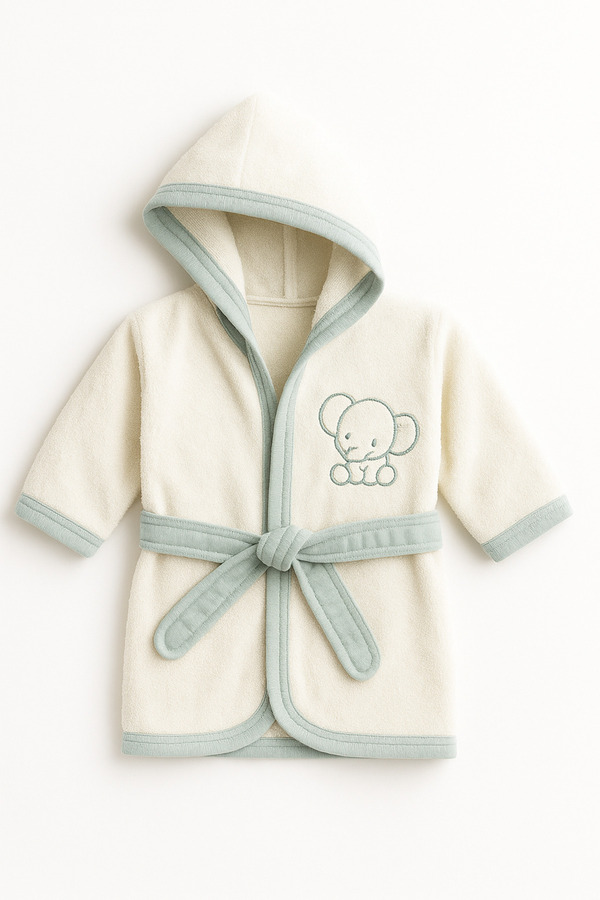 mini mia 100% Pamuklu Sevimli Filli Pamuklu Bebek Bornoz Seti 0-2 Yaş