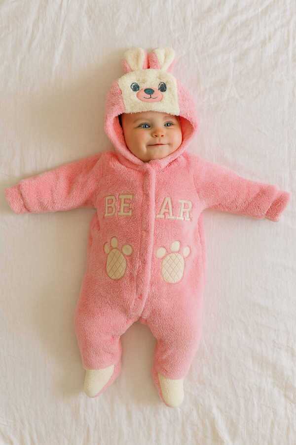 eomix kids Bebek tulum kışlık welsoft peluş şapkalı ayı figürü nakışlı kız