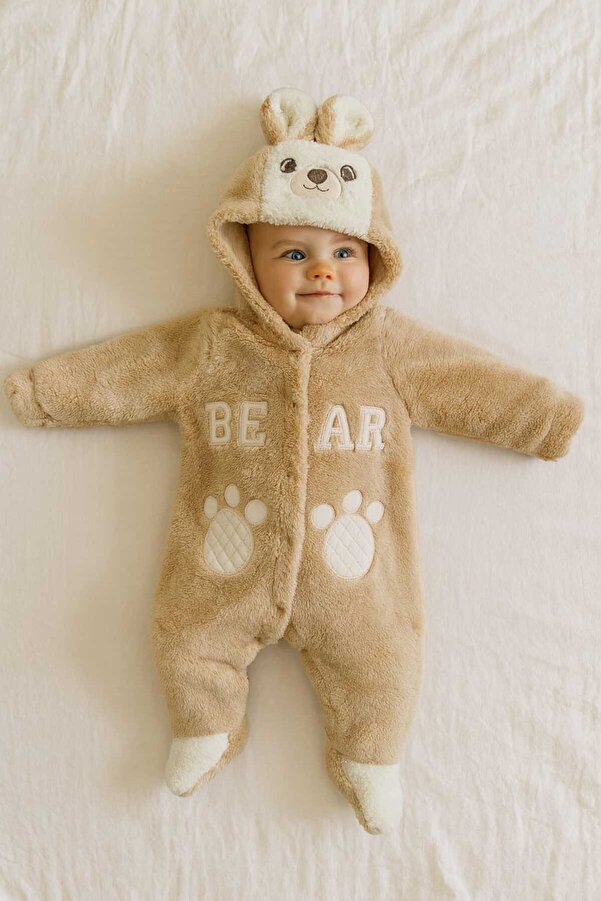 eomix kids Bebek tulum kışlık welsoft peluş şapkalı ayı figürü nakışlı