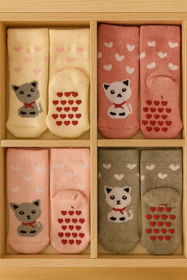 Pico Baby Havlu Çocuk & Bebek Çorabı / 4'lü Kutulu / Premium / Kaydırmaz Tabanlı / Kedi Desenli