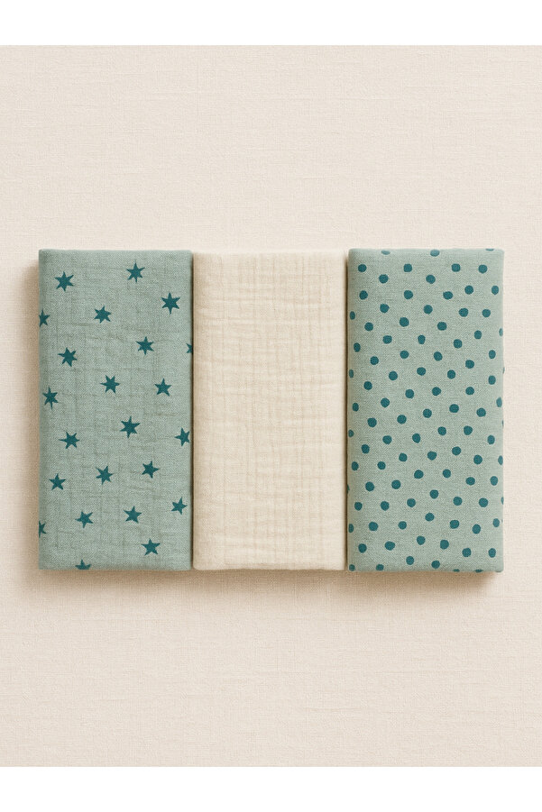 Mama Yoyo Baby Kids 3'lü Müslin Set - Mint Yıldızlı Takım Yenidoğan Çok Amaçlı Müslin Örtü 100% Pamuk 75*75 cm set