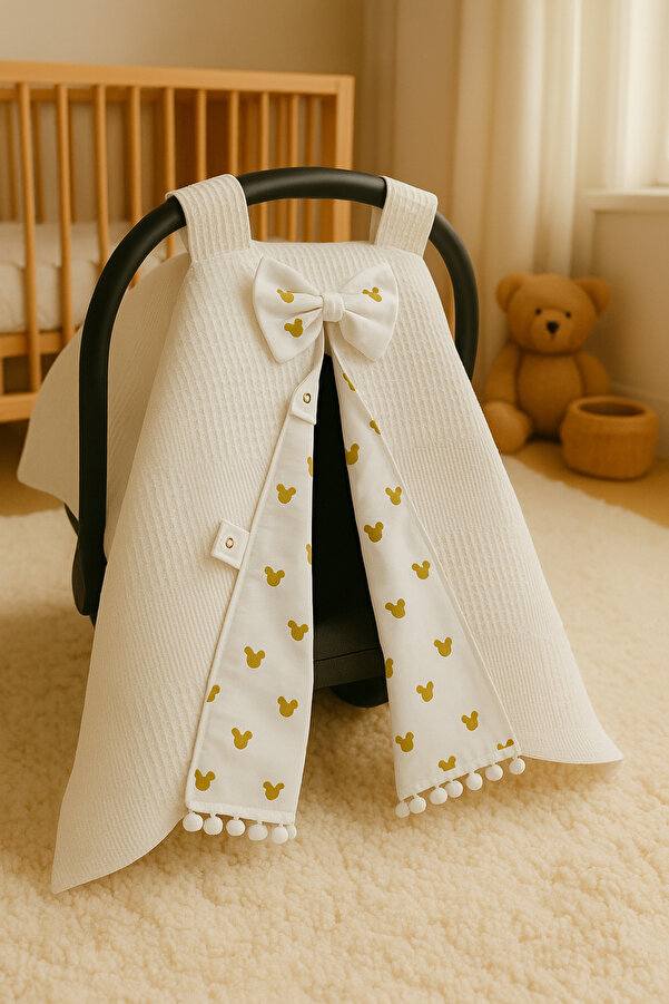 BeygeBaby %100 Pamuk Çift Katlı Kahve Waffle Pike ve Gold Mickey Desenli Çift Yönlü Kullanımlı Puset Örtüsü