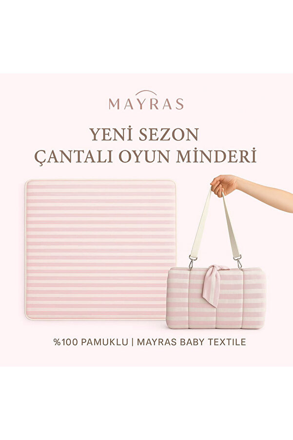 Mayras Cotton Baby %100 Pamuklu Bebek/Çocuk Kare Çanta Taşımalı Çizgili Desen Oyun Minderi,Oyun Halısı