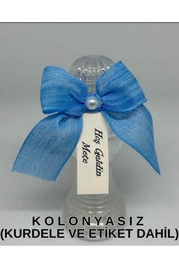 MayaArtDesign (40 ADET) Mavi Keten Kurdeleli-Etiketli Boş Kolonya Şişesi (Mika Plastik | 50ml)