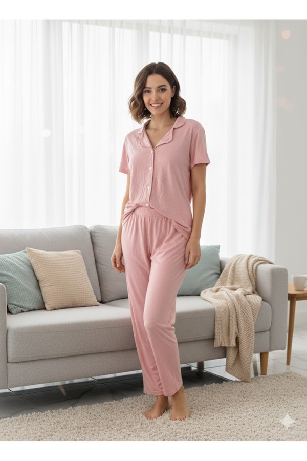 Generic Brands Women's Pink Buttoned Pajama Set