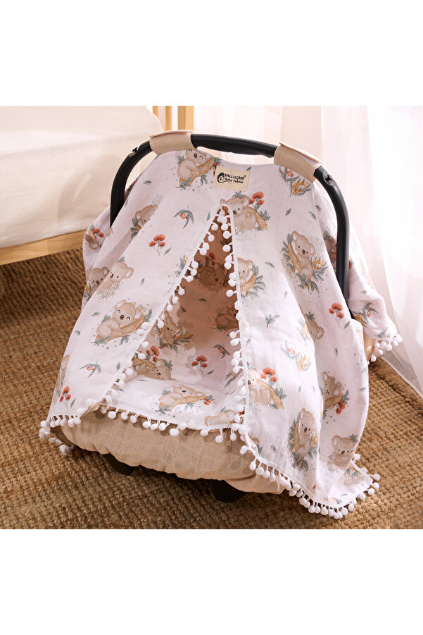 SALLHOMEE Sallhome Koala Desenli Krem Puset Takımı – Ponponlu Örtü ve Minder Seti