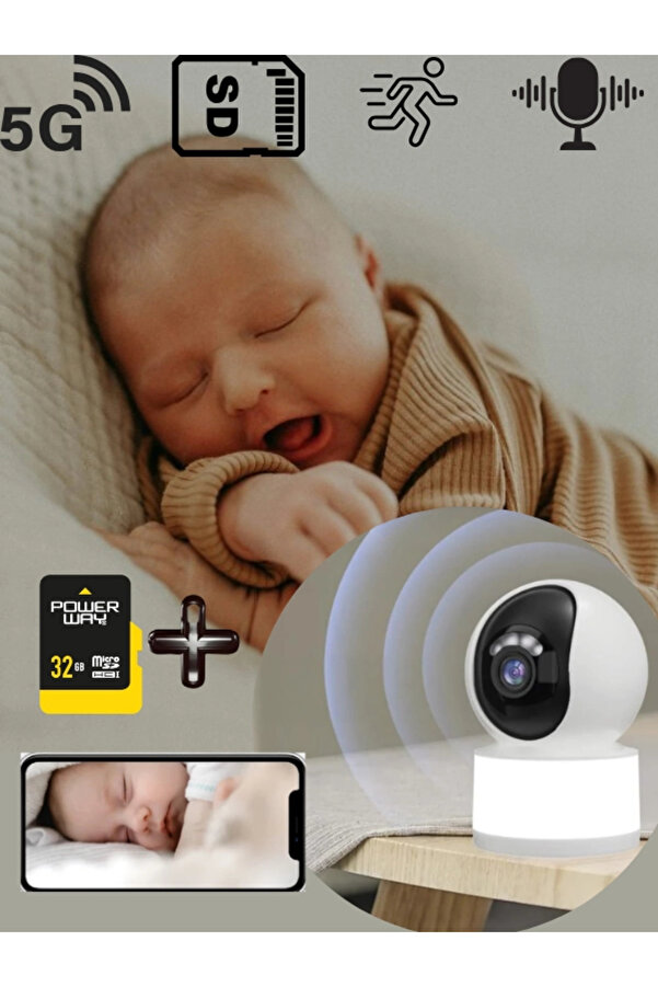 tosbai Bebek Izleme Kamerası, Sesli 360 Derece Güvenlik Bebek Telsizi Hareket Algılama 32 Gb Hafıze Kartı