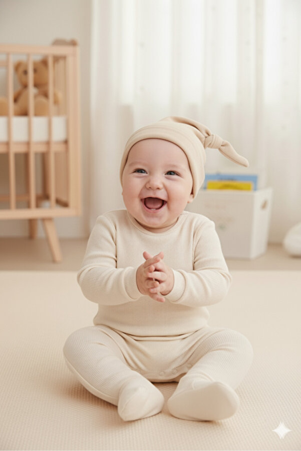 Babygiz Yenidoğan Kız Erkek Bebek %100 Pamuklu Penye Extra Yumuşak Hafif Terletmez Bere Bej