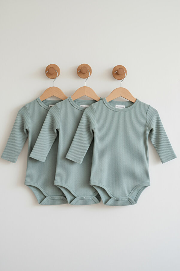 Lindakids Fitilli Kumaş %100 Pamuk Uzun Kollu Çıtçıtlı 3'lü Yeşil Bebek Body/Zıbın