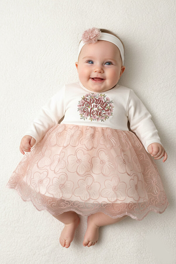 Çocuksan Baby&Kids Wear Bandanalı Spring Baskılı Kız Bebek Doğum Günü Düğün Mevlütlük Tüllü Elbise