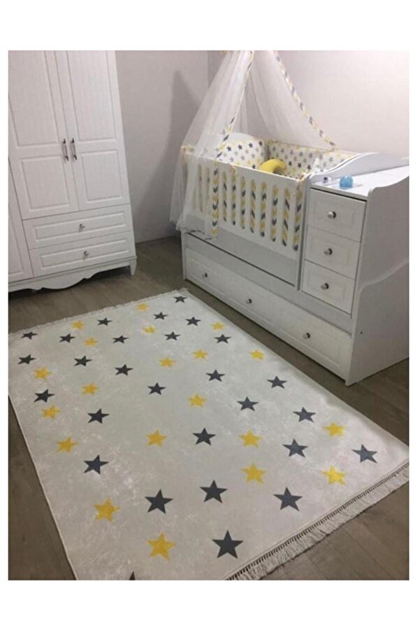 STY Home Yıldız Çocuk Halısı Kaymaz Makinede Yıkanabilir Bebek Ve Çocuk Odası Halısı Oyun Matı Sarı Gri