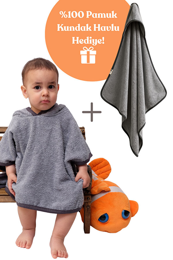 Damla Organik %100 Pamuk Kapüşonlu Plaj Çocuk Bebek Panço Bornoz Banyo Havlu + Kundak Havlu Hediyeli