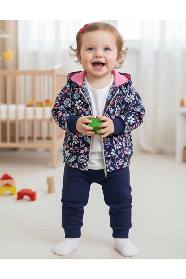 voyyo kids baby Kız Bebek Yağmurluklu Kapüşonlu, 3 Parça Mevsimlik Alt Üst Takım l 3-6-9-12-18 Ay