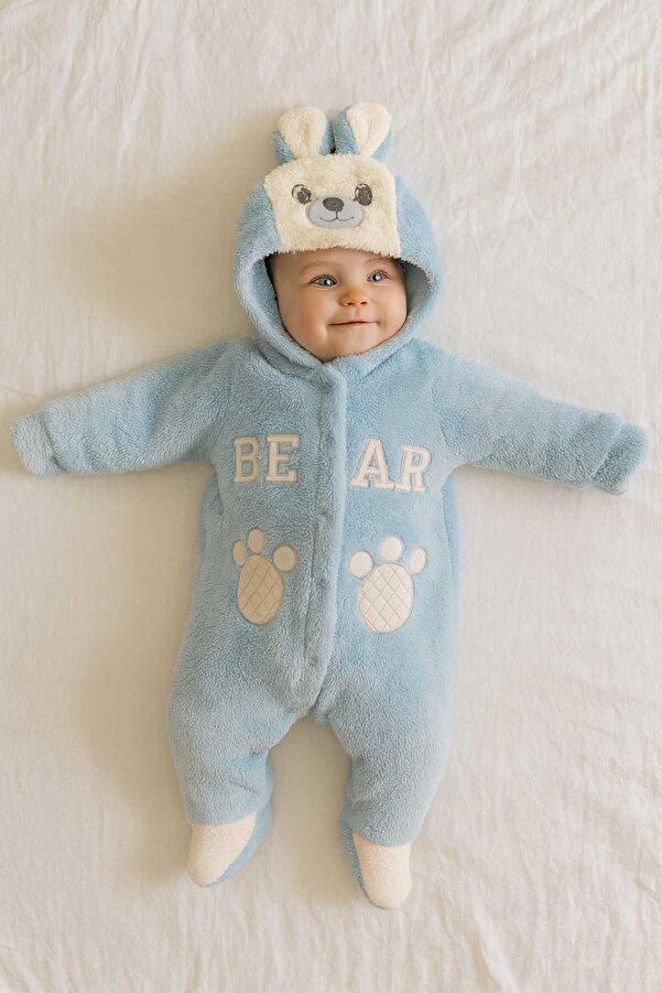 eomix kids Bebek tulum kışlık welsoft peluş şapkalı ayı figürü nakışlı erkek