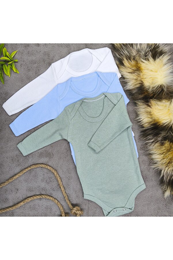 vieso 3'lü Erkek Uzun Kollu Raporlu Çıtçıtlı Bebek Body Zıbın Atlet Ekonomik