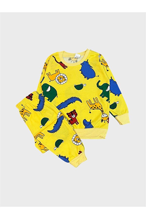 ALİŞ KİDS Erkek Çocuk Pamuklu Şardonlu Sarı Safari Desenli Uzun Kollu Kışlık Pijama Takımı