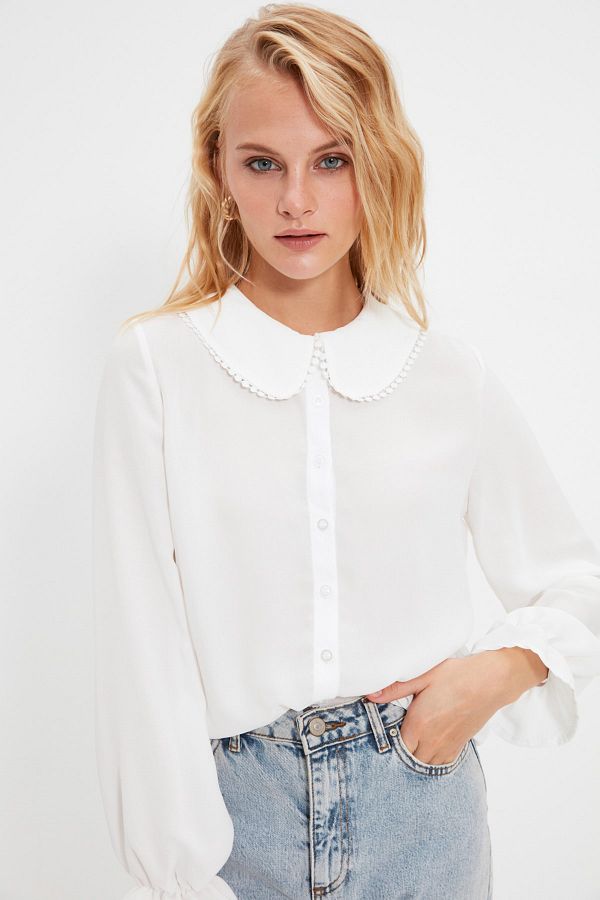 Trendyol Collection-Bílá tkaná košile s bambulí s límcem - TWOAW21GO0717 1