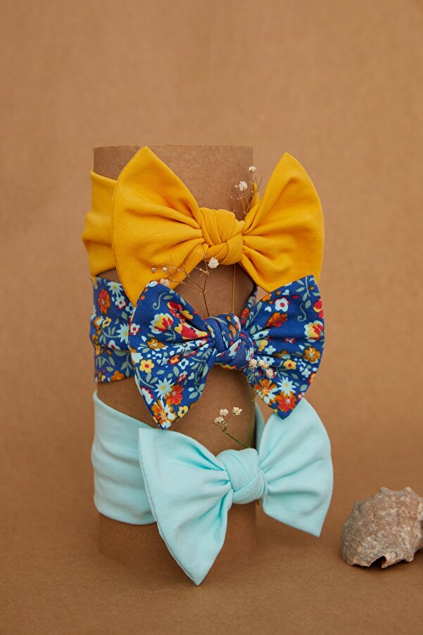 Babygiz El Yapımı Yumuşak Fiyonk Bağlamalı Doğal %100 Pamuklu Penye 3'lü Bebek Çocuk Kız Bandana Seti