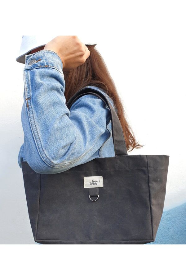 Soul True Women s Waxed Canvas Fabric Waxed Canvas Gray Color Mini Tote Waterproof Fabric Featured Shoulder Bag Trendyol