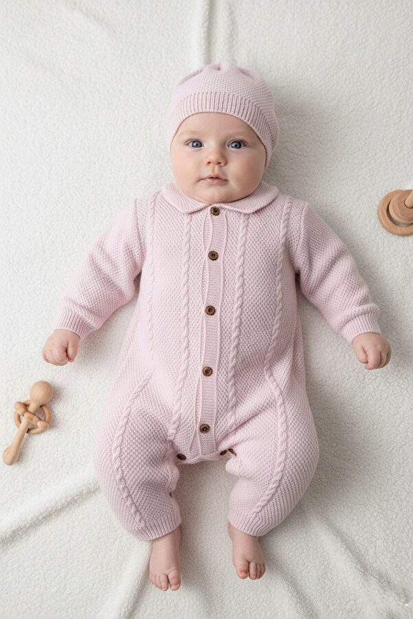 Çocuksan Baby&Kids Wear Kız Erkek Unisex Bebek Örme Düğme Detaylı Şapkalı Triko Yenidoğan Tulum Takımı