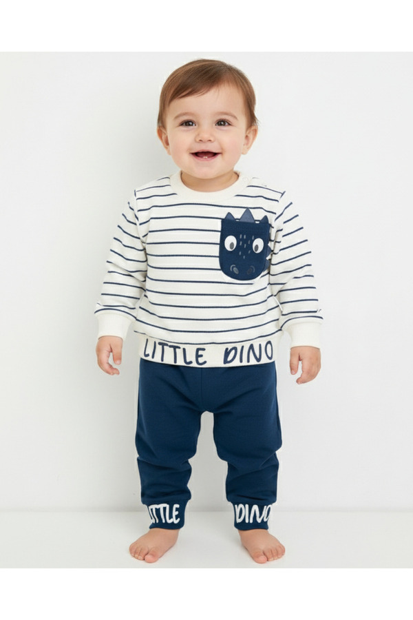 voyyo kids baby Erkek Bebek Mevsimlik Çizgili Bisiklet Yaka Uzun Kollu %100 Pamuk Bebek Takımı